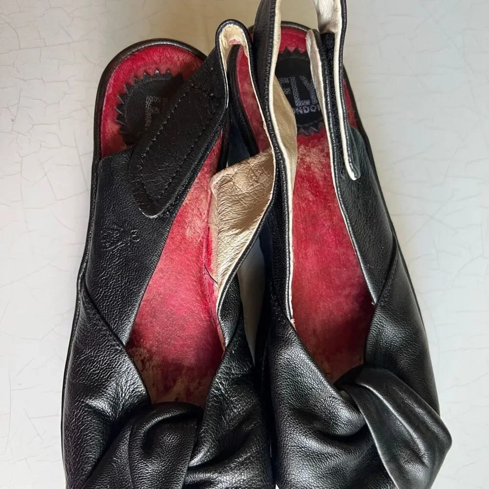 Fly London Yakin Ankle Strap Wedge Sandals 39 Black Leather Peep Toe Comfort